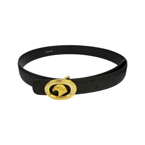 镶钻椭圆金鹰扣鸵鸟皮腰带