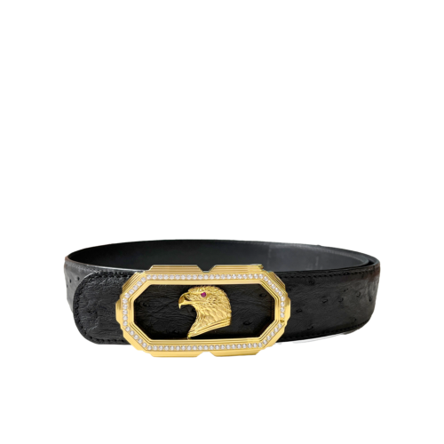 镶钻长方多边金鹰扣鸵鸟皮腰带