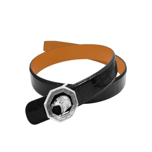 镶钻棕底双面八角银鹰鳄鱼皮腰带